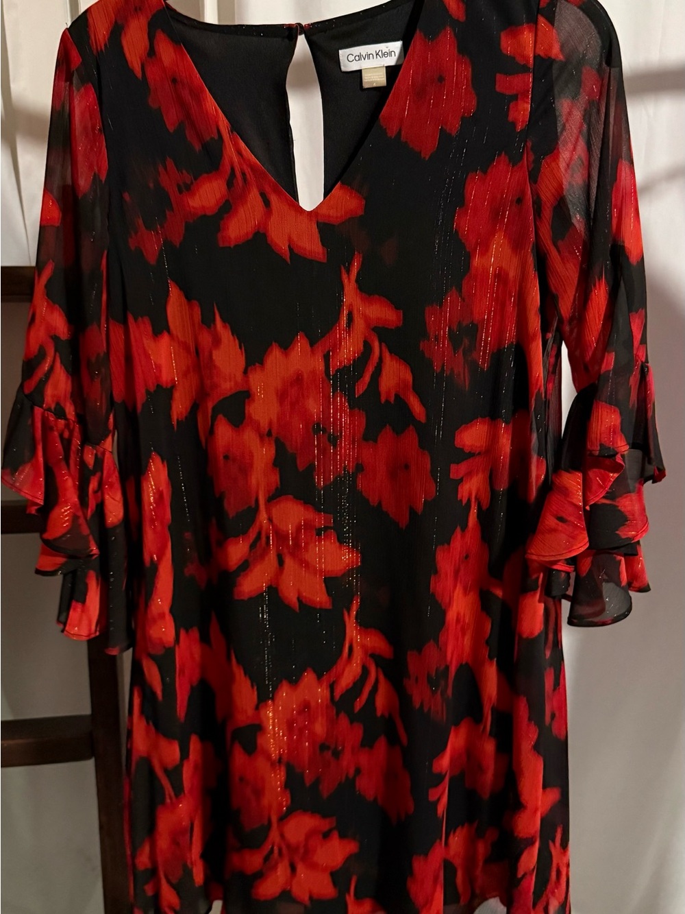 Calvin Klein Black and Red V-Neck Floral Dress